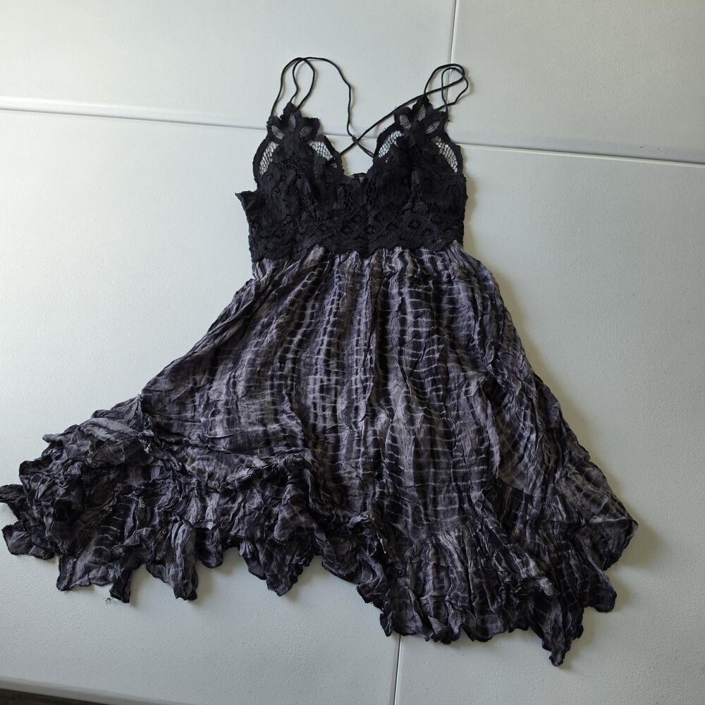 Free People Adella Dress Small Gray Tie Dye Lace Slip Ruffle Witch Whimsigoth